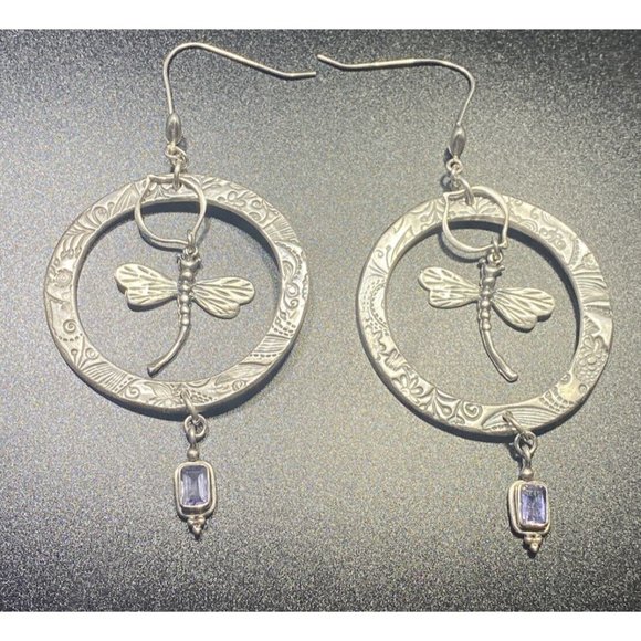Large 925 Dragonfly Hoop Earrings Dangle Drop Amethyst Etched Fine Insect Unique - Picture 2 of 7